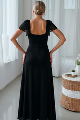 Schwarzes A-Linie Brautjungfernkleid mit kurzen Ärmeln und Schlitz